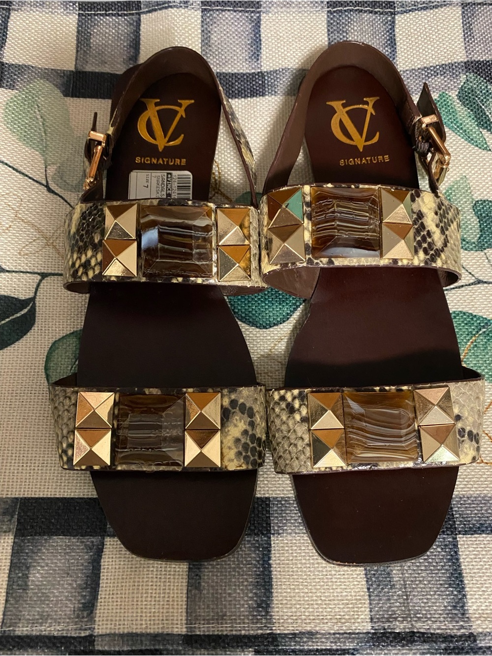 Vince Camuto Signature Snake-Print Studded Vero Cuoio Sandals Brown & Gold 7.5
